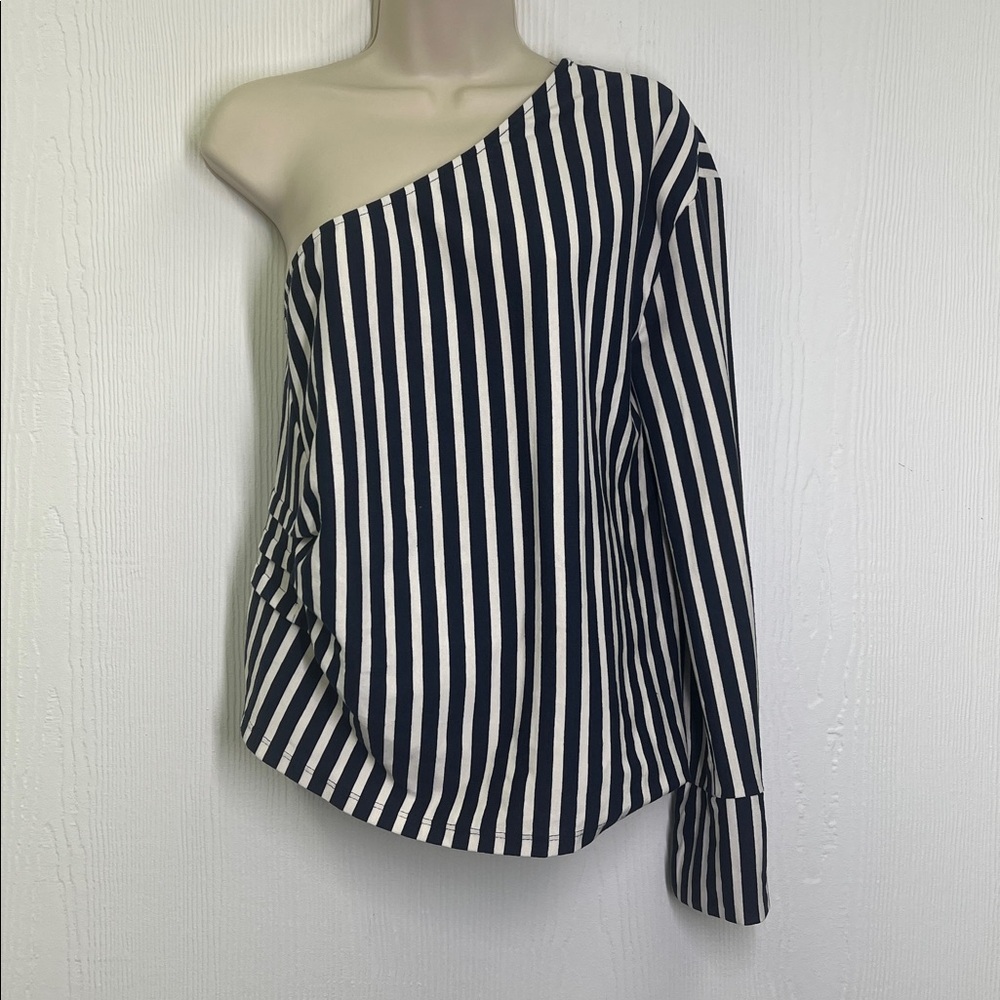 Zara - Nautical Navy And White Stripe Lightweight One Sleeve Blouse Size Small - Picture 3 of 11